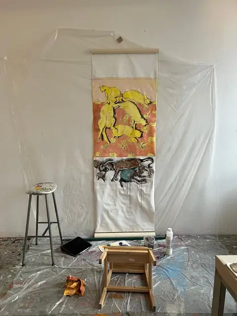 The yellow cats on the scroll, in progress