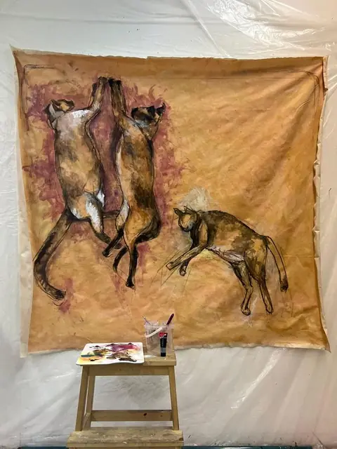 Three cats on a large canvas, in progress