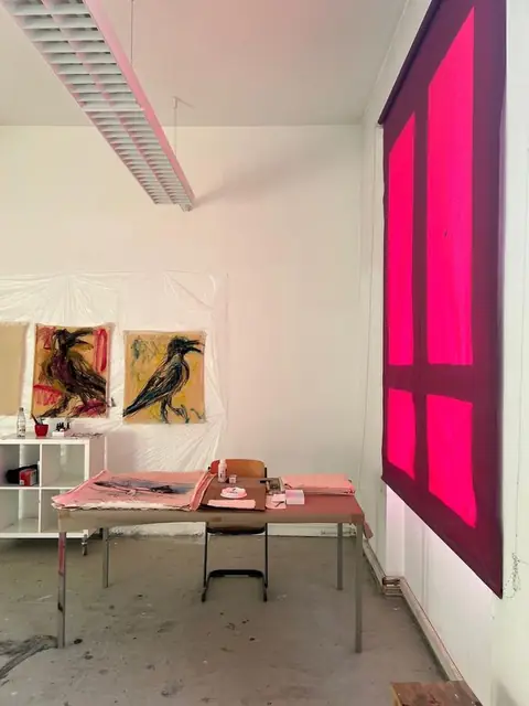 Crow drawings on the wall, under the pink window