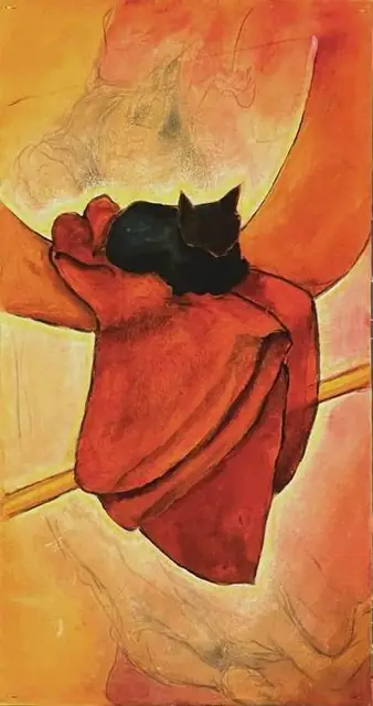 A black cat on a red cloth
