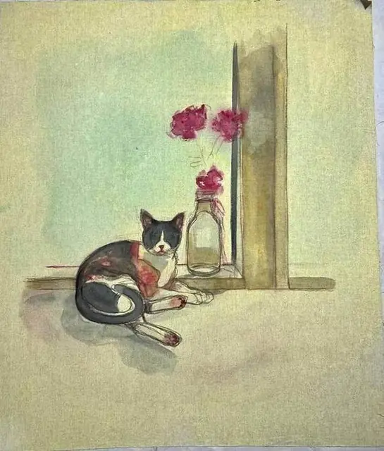 A cat by the window with flowers