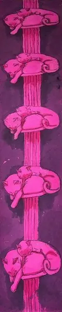 Pink cats stacked on a purple scroll