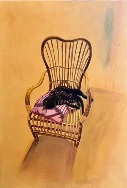 A black cat on a pink cushion in a wicker chair