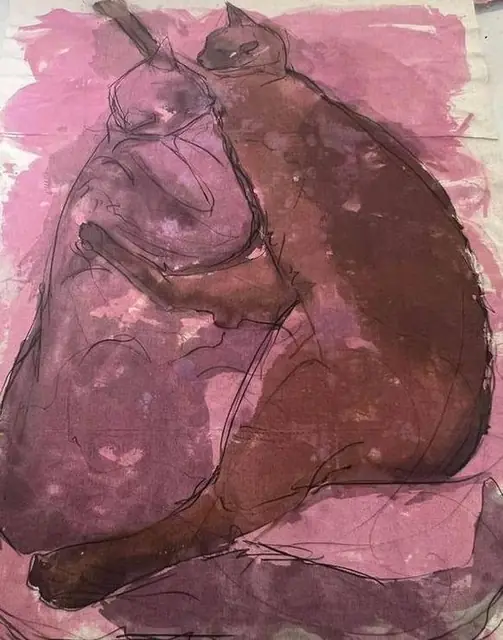 Two cats embracing on pink