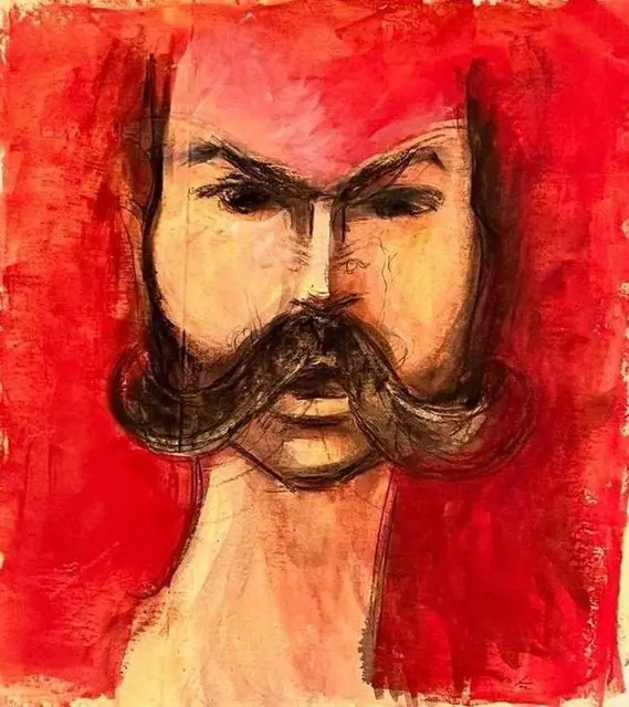 A man with a moustache on red