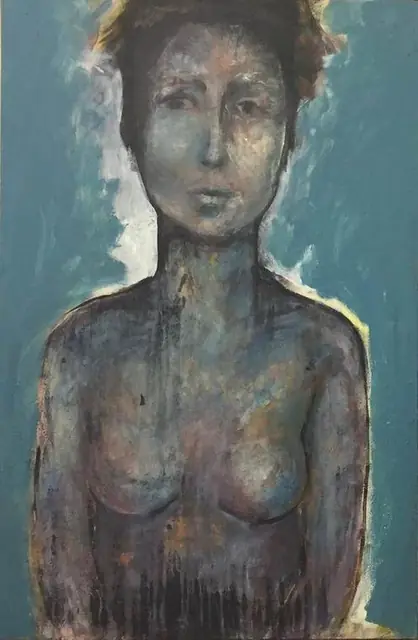A woman on teal blue