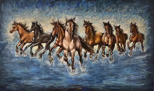 Eight horses running on blue