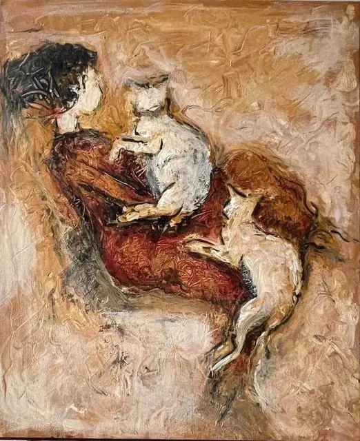 A woman holding a white cat, in ochre and rust