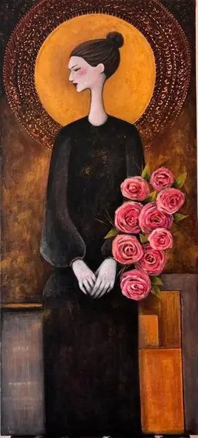 A woman in black with pink roses, under a golden halo