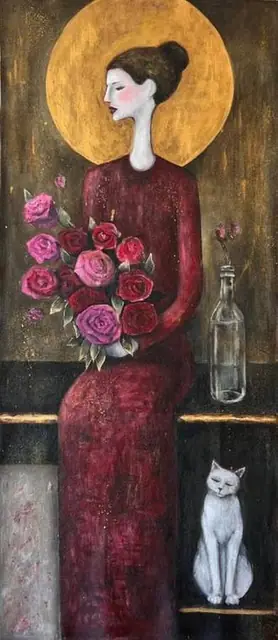 A woman in red with roses and a white cat