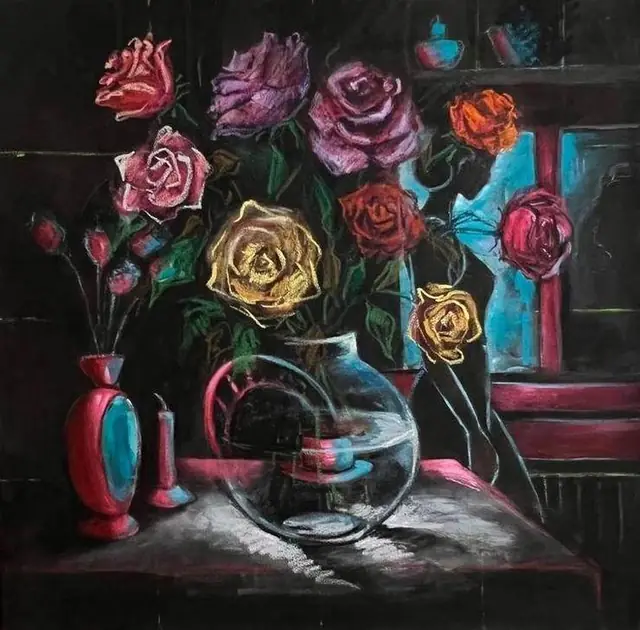 Roses and a glass vase, at night