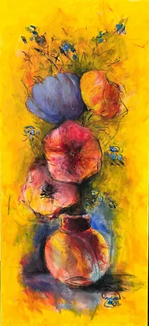 Poppies in a round vase, on yellow