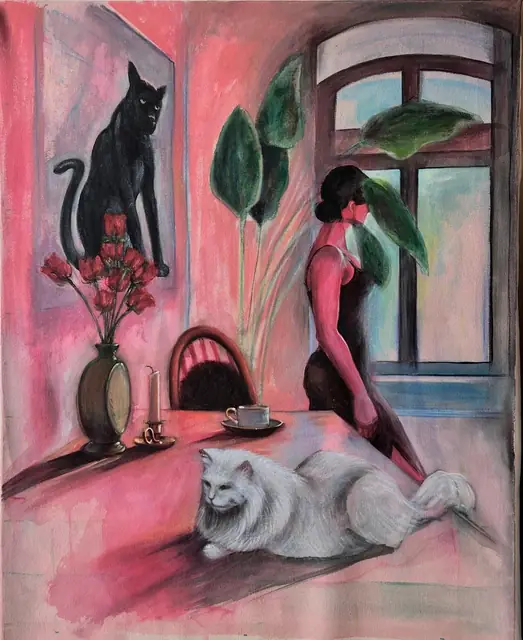A woman at the window, with a black cat and a sleeping white cat