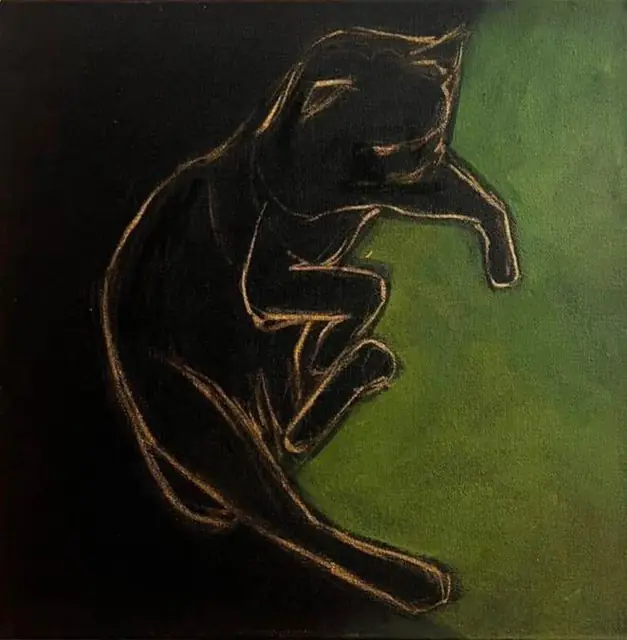 A black cat in gold line on green