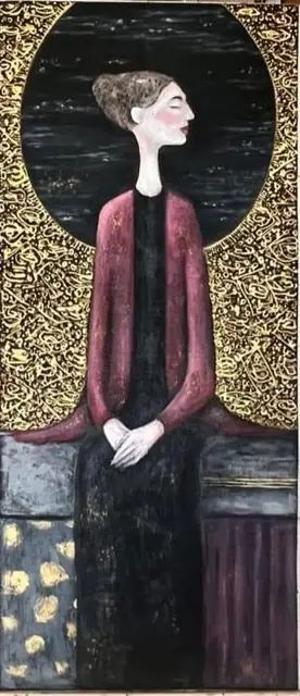 A woman in rose under a dark halo of gold script