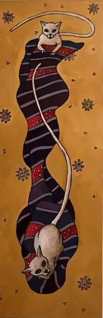 Two cats on a striped scroll, on ochre