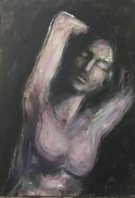 A woman with her arms raised, on black