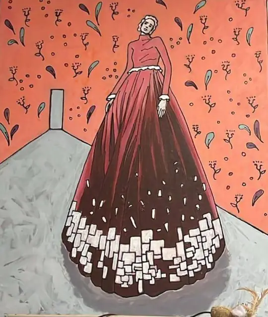 A woman in a red gown, on coral