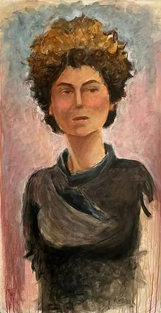 A woman with curly hair on pink