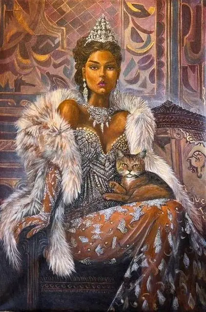 A woman in a tiara and fur with a tabby cat