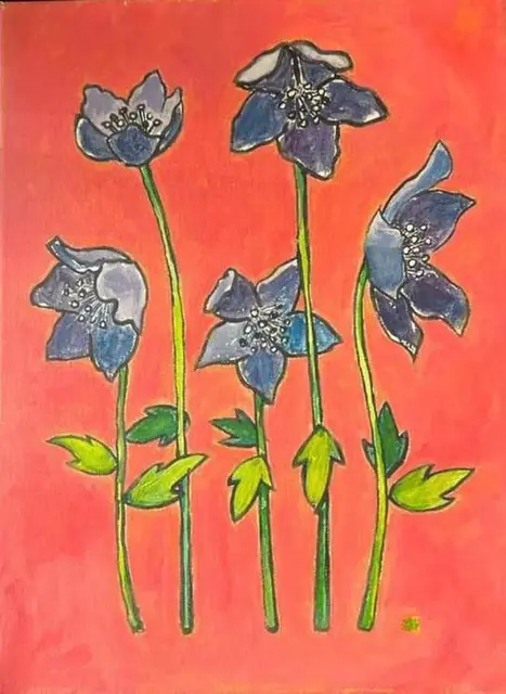 Blue flowers on coral red