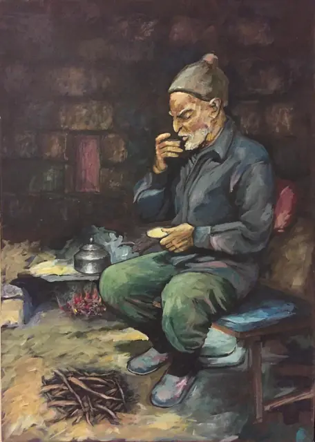 An old man drinking tea by the fire