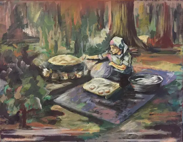 A woman baking bread under the trees