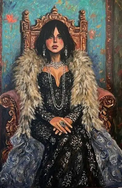 A woman in black on a carved throne, on turquoise