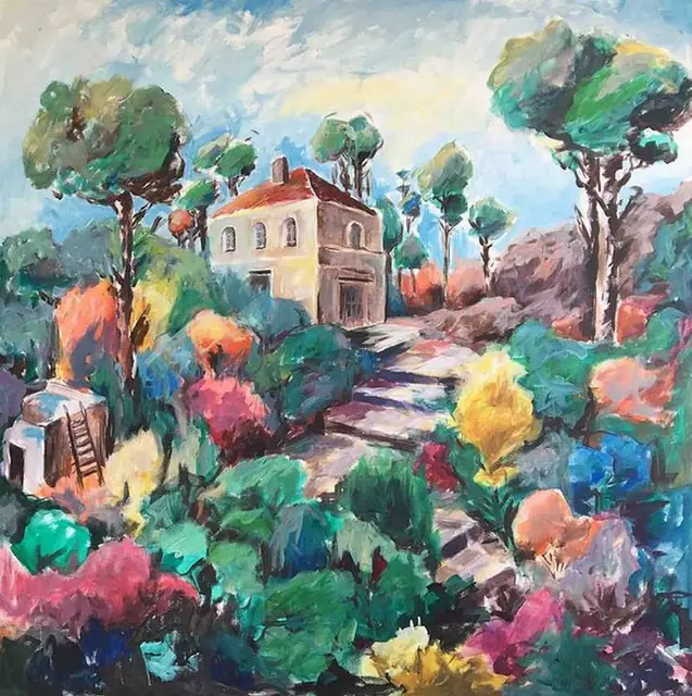 A stone house among flowering gardens