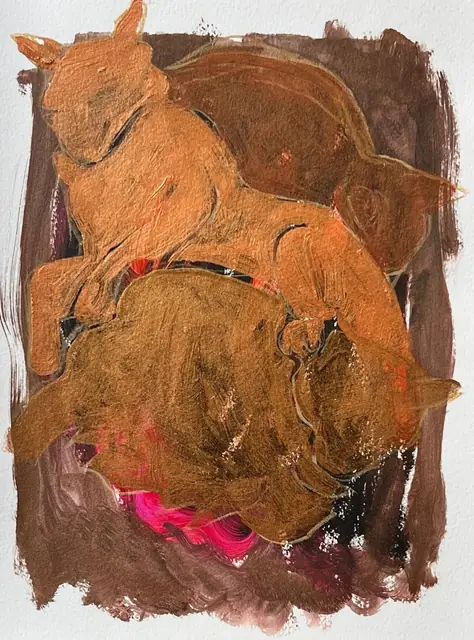 Two cats in copper and bronze, on brown