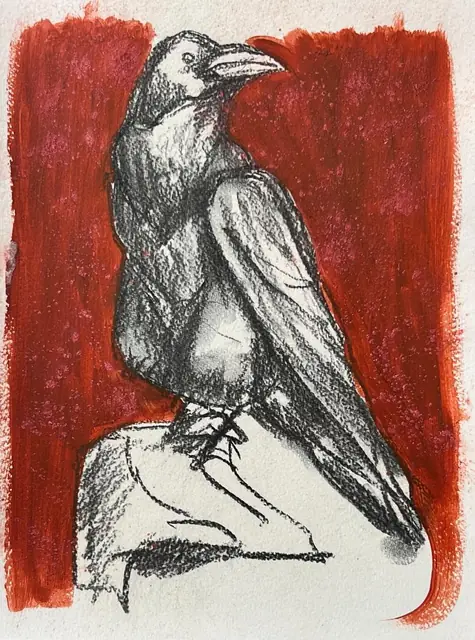 A crow in charcoal, on red