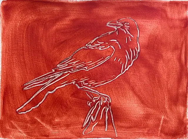 A crow drawn in white line, on red
