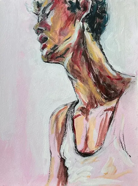 A head in profile, chin raised, on pink