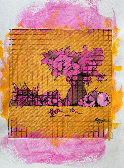 Pink flowers and a vase on an orange grid