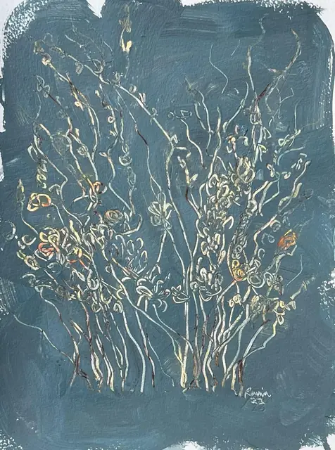 Dried flowers in cream line, on slate blue