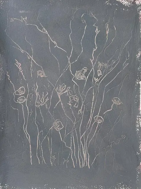 Wildflowers etched in pale pink, on grey