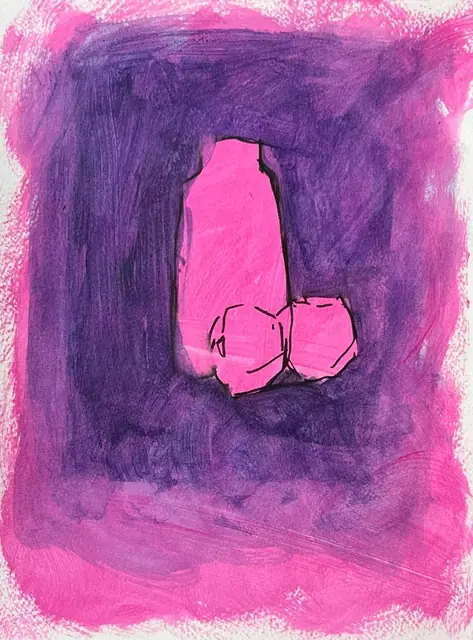 A bottle and two fruits in pink, on violet