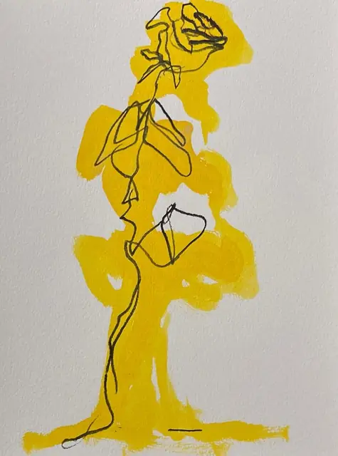 A rose in black line over a wash of bright yellow