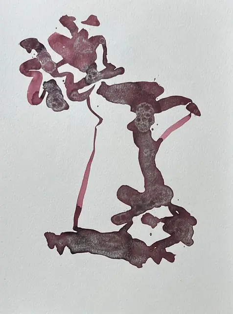 Flowers in a vase, in pools of burgundy ink