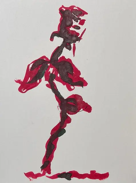 A rose in red and deep green brushstrokes