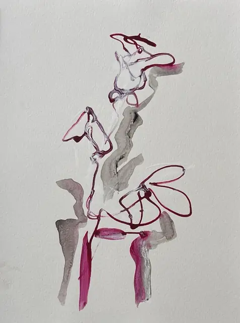 Flowers in fuchsia line over soft grey washes