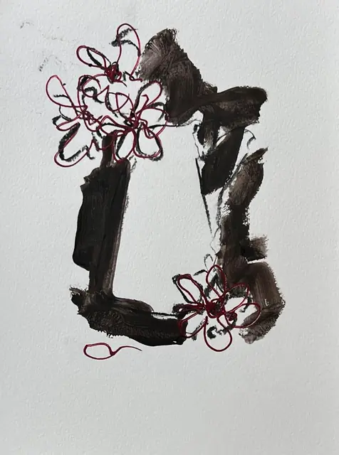 Red line flowers around a dark brown vase