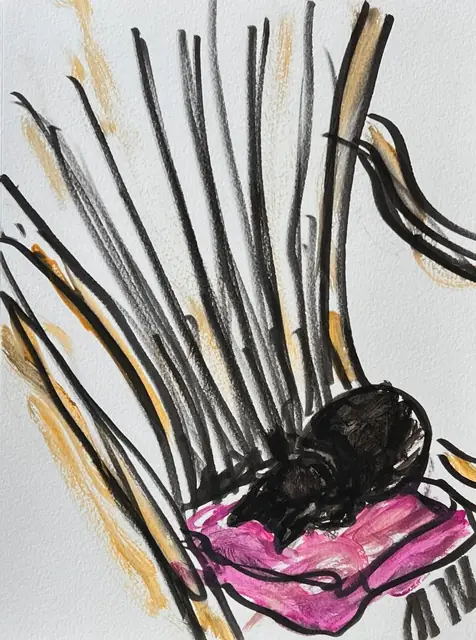 A black cat asleep on a pink cushion in a wicker chair