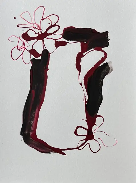 Red line flowers around a vase in black and crimson