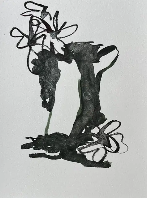Charcoal flowers over a vase in black and green ink