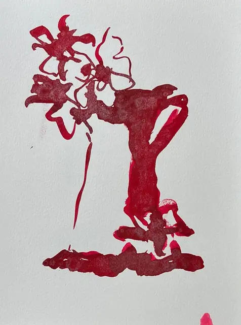 Flowers in a vase, in red ink