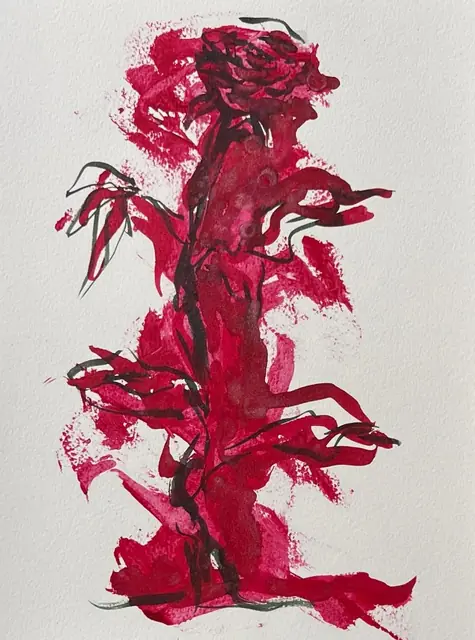 A rose in sweeps of crimson with dark green line