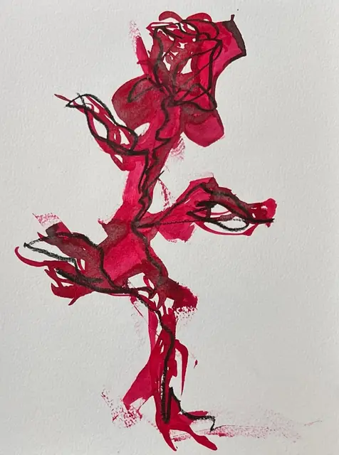 A rose in red ink with a charcoal line