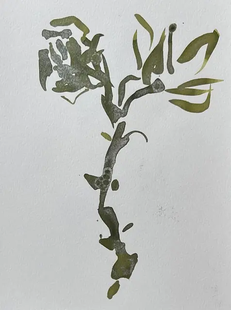 A rose in olive and grey-green ink