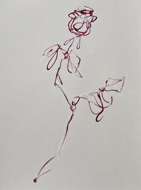 A rosebud in fuchsia line, leaves unfurling